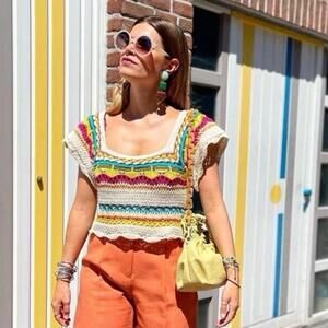 ZARA Crochet Knit Crop Top Ruffle Sleeves Multicolor Women’s size Small